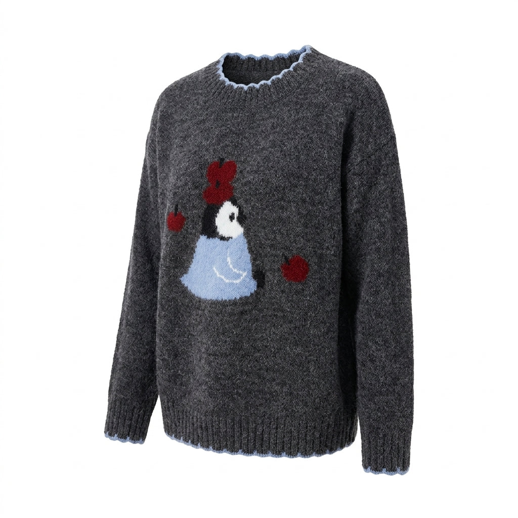 [WHOLESALE ONLY - CONTACT TO ORDER] Women's / Unisex Whimsical Fuzzy Penguin & Red Apple Intarsia Knit Sweater with Contrast Sky Blue Scalloped Tipping (Heather Charcoal Grey) [AW-234]