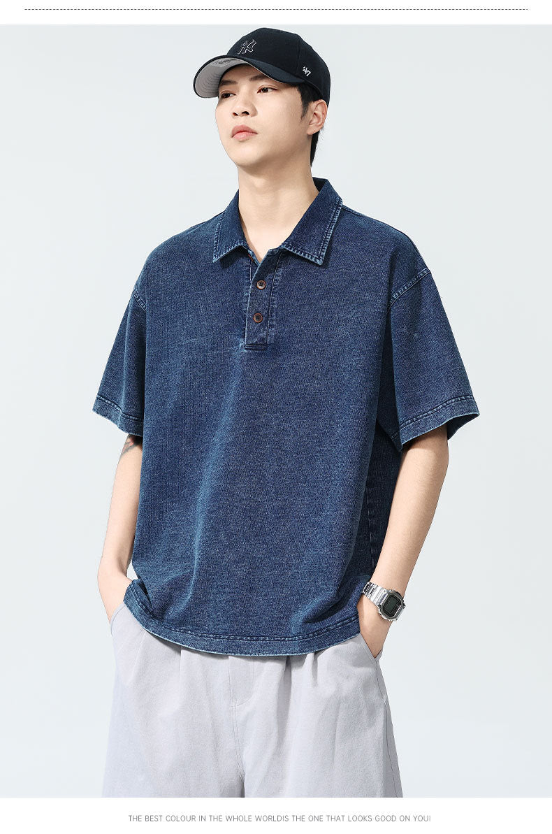 Men’s Heavyweight Washed T-Shirt – Vintage Loose Fit Drop Shoulder with Denim Collar[NA-012]