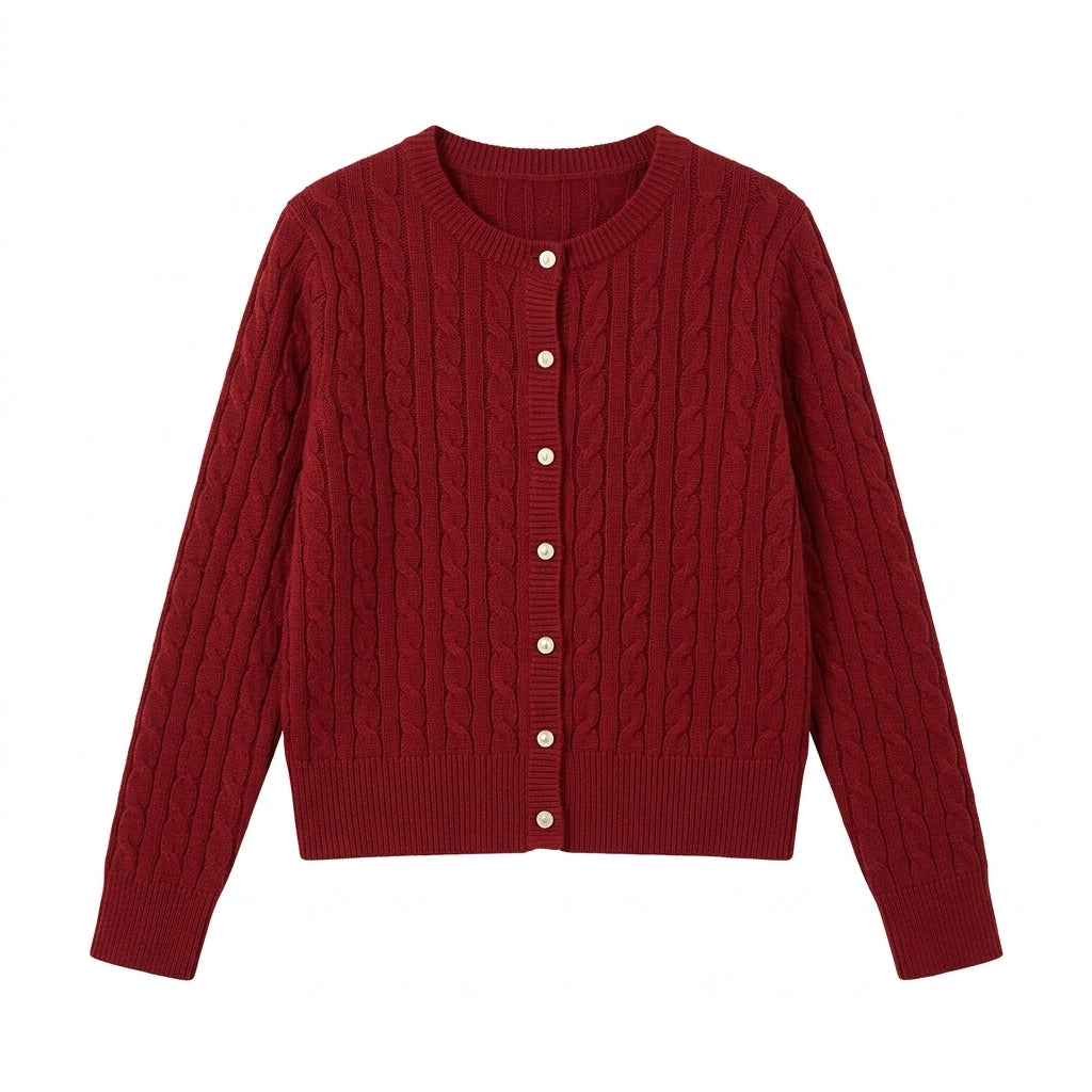 [WHOLESALE ONLY - CONTACT TO ORDER] Women's Classic Fitted Cable-Knit Crewneck Button-Front Cardigan Sweater with Pearlized Buttons (Festive Crimson Red) [AW-122]