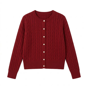 [WHOLESALE ONLY - CONTACT TO ORDER] Women's Classic Fitted Cable-Knit Crewneck Button-Front Cardigan Sweater with Pearlized Buttons (Festive Crimson Red) [AW-122]