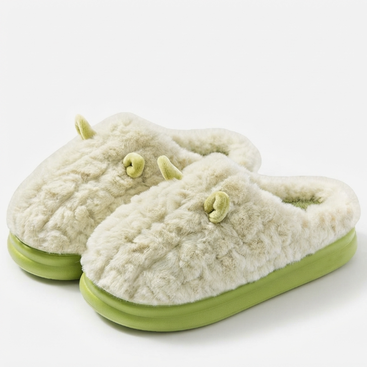 [WHOLESALE ONLY - CONTACT TO ORDER] Women's 3D Fuzzy Fleece Monster Platform Slippers with Waterproof Avocado Green EVA Sole (Cream/Matcha) [FM-117]