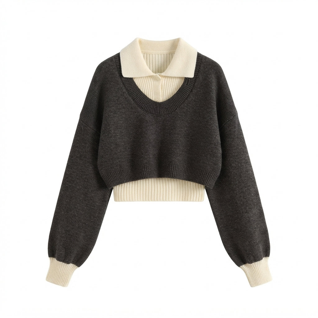 [WHOLESALE ONLY - CONTACT TO ORDER] Women's Preppy 2-in-1 Layered Cropped Knit Pullover Sweater with Ribbed Polo Collar Insert (Heather Charcoal Grey & Cream White) [AW-206]