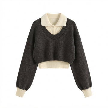 [WHOLESALE ONLY - CONTACT TO ORDER] Women's Preppy 2-in-1 Layered Cropped Knit Pullover Sweater with Ribbed Polo Collar Insert (Heather Charcoal Grey & Cream White) [AW-206]