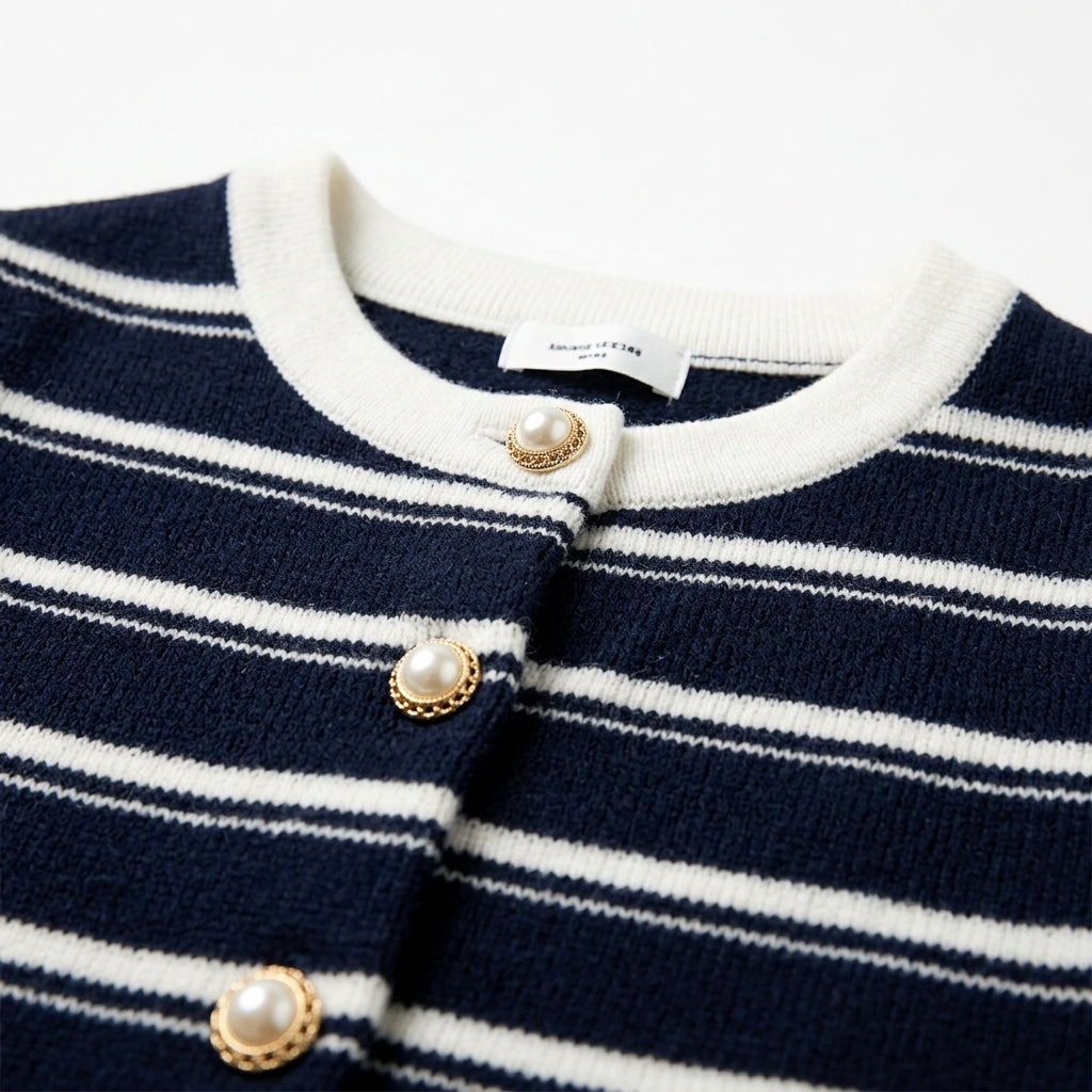 [WHOLESALE ONLY - CONTACT TO ORDER] Women's Parisian Chic Striped Knit Cardigan with Contrast Ribbed Collar & Pearl Dome Buttons (Midnight Navy & Cream White) [AW-224]