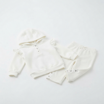 [WHOLESALE ONLY - CONTACT TO ORDER] Baby & Toddler Girls Cozy Cream Fleece Ruffle Hoodie & Snap-Crotch Pants 2-Piece Lounge Set - Catalog Display Only (Do Not Order Directly)