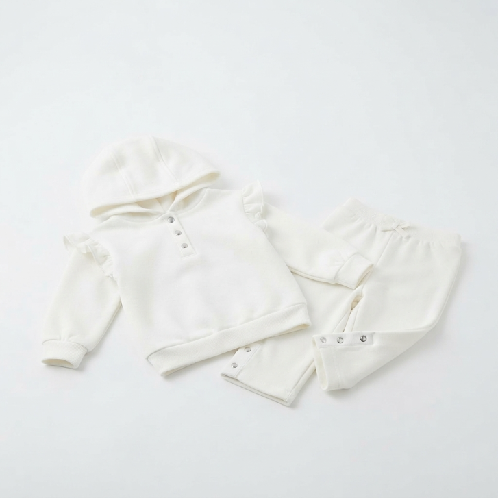 [WHOLESALE ONLY - CONTACT TO ORDER] Baby & Toddler Girls Cozy Cream Fleece Ruffle Hoodie & Snap-Crotch Pants 2-Piece Lounge Set - Catalog Display Only (Do Not Order Directly)