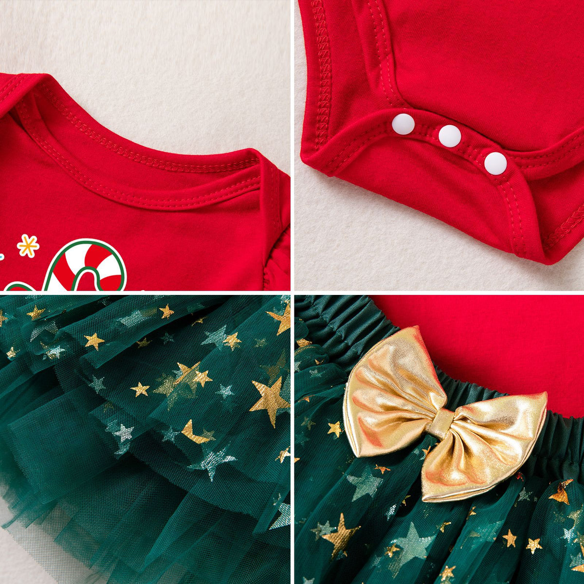[WHOLESALE ONLY - CONTACT TO ORDER] Baby Girls 95% Combed Cotton Ruffle Long Sleeve "My 1st Christmas" Bodysuit & Gold Star Tulle Tutu Skirt 3-Piece Set with Headband (Festive Red & Green) [KW-227]
