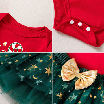 [WHOLESALE ONLY - CONTACT TO ORDER] Baby Girls 95% Combed Cotton Ruffle Long Sleeve "My 1st Christmas" Bodysuit & Gold Star Tulle Tutu Skirt 3-Piece Set with Headband (Festive Red & Green) [KW-227]