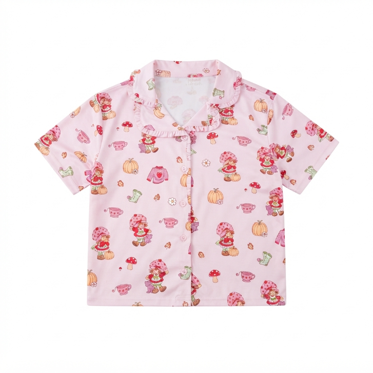 [WHOLESALE ONLY - CONTACT TO ORDER] Women's Strawberry Shortcake Fall Harvest Pajama Set 2-Piece Ruffle Trim Button-Down Top and Shorts Pink - Do Not Buy Direct