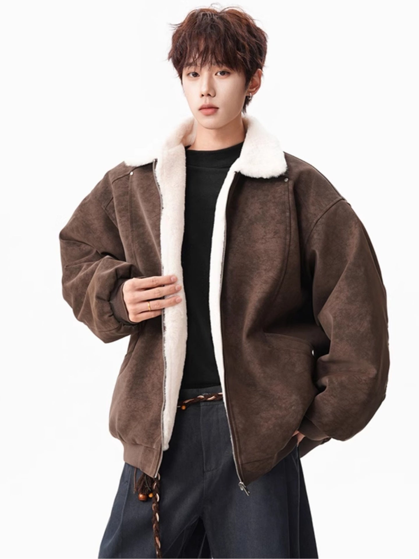 American-Style PU Leather Jacket with Sherpa Lining[DROP3-018]