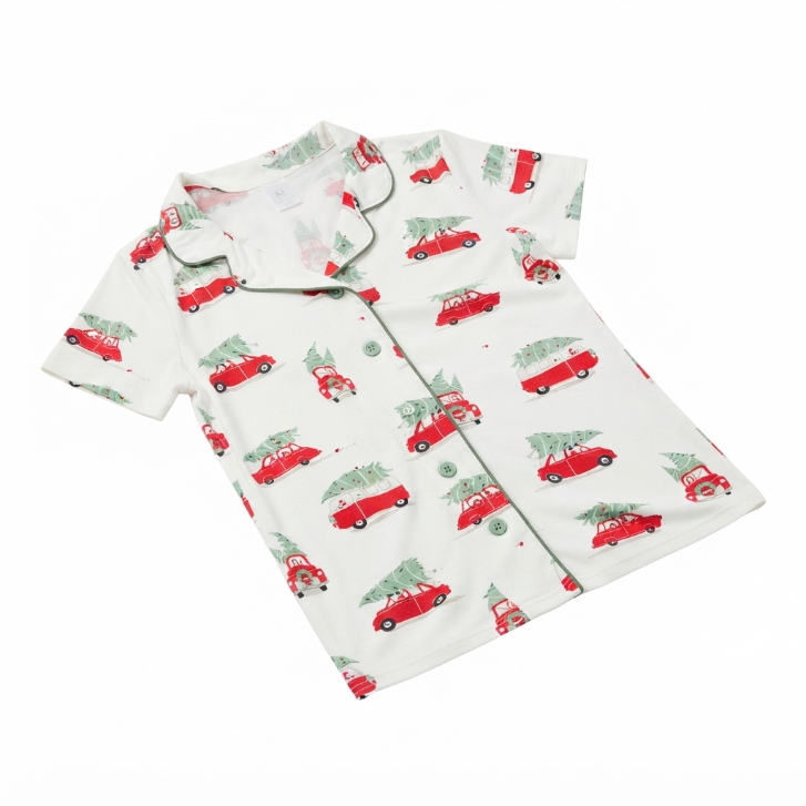 [WHOLESALE ONLY - CONTACT TO ORDER] Women's Christmas Vintage Red Truck Print Pajama Set 2-Piece Short Sleeve Button-Down Top and Pants - Do Not Buy Direct