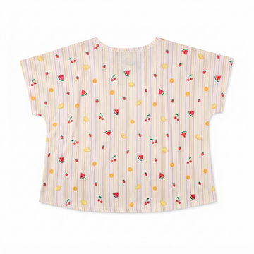 [WHOLESALE ONLY - CONTACT TO ORDER] Women's Plus Size Fruit Print Striped Pajama Set 2-Piece Drop-Shoulder Top and Cropped Lounge Pants - Do Not Buy Direct