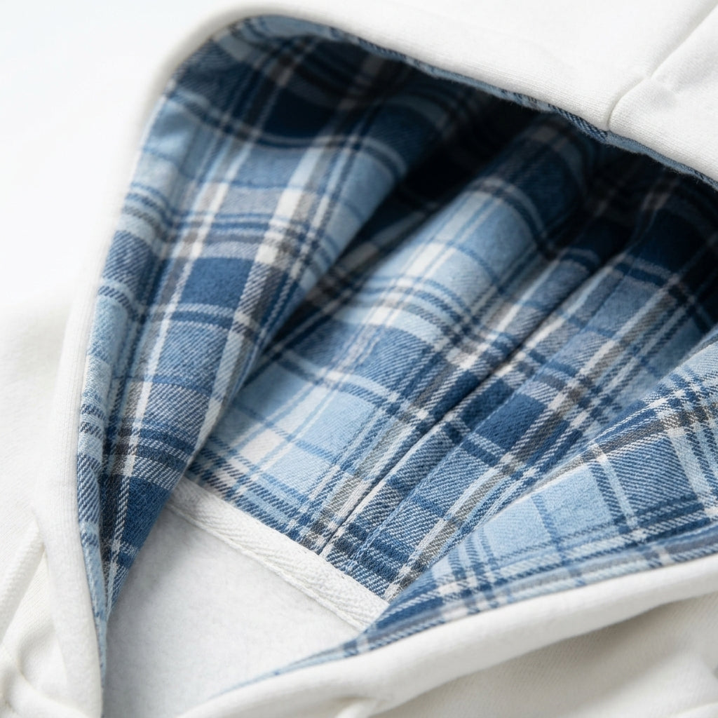 [WHOLESALE ONLY - CONTACT TO ORDER] Unisex Heavyweight 380GSM 80% Cotton Fleece Tartan Plaid Lined Full-Zip Oversized Hoodie (Cloud White & Royal Blue Plaid) [AW-108]