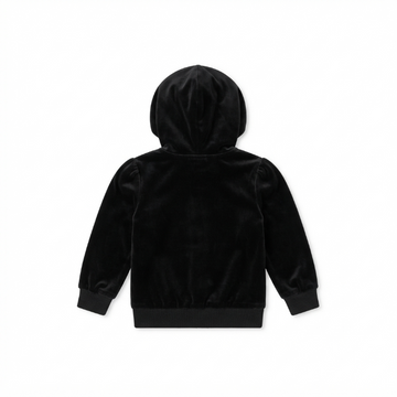 [WHOLESALE ONLY - CONTACT TO ORDER] Toddler & Girls Black Velour Zip-Up Hoodie & Foldover Flare Pants 2-Piece Set with Crochet Lace Trim - Catalog Display Only (Do Not Order Directly)