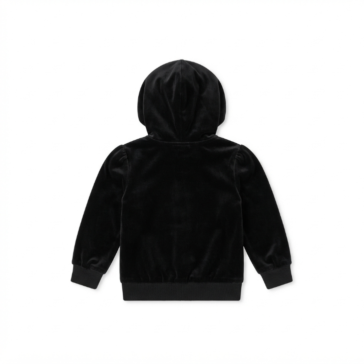 [WHOLESALE ONLY - CONTACT TO ORDER] Toddler & Girls Black Velour Zip-Up Hoodie & Foldover Flare Pants 2-Piece Set with Crochet Lace Trim - Catalog Display Only (Do Not Order Directly)