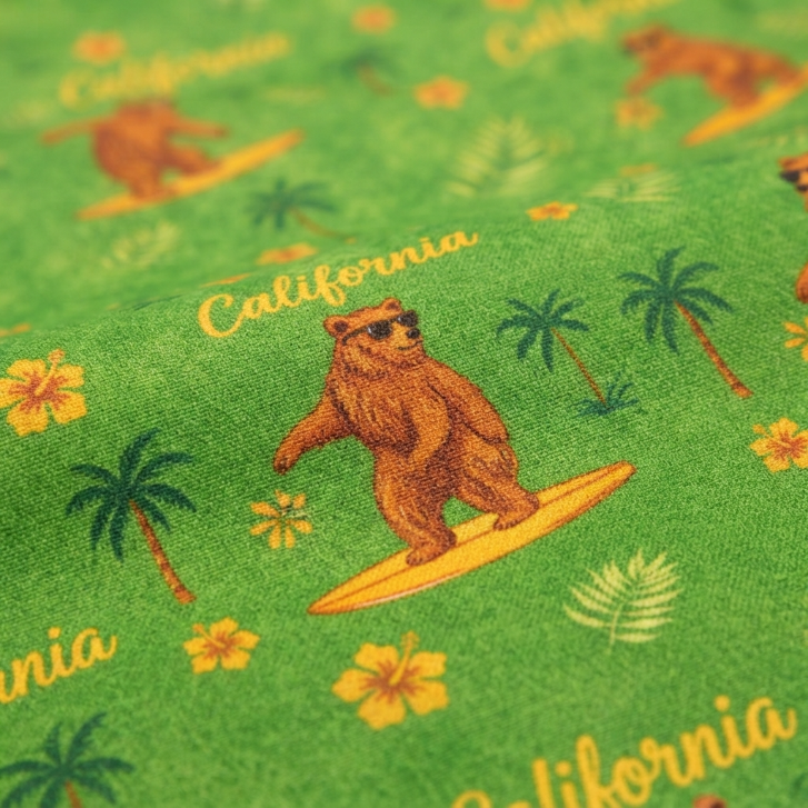 [WHOLESALE ONLY - CONTACT TO ORDER] Men's California Surfing Bear Hawaiian Aloha Shirt Retro Green Short Sleeve Resort Beach Button Up - Do Not Buy Direct