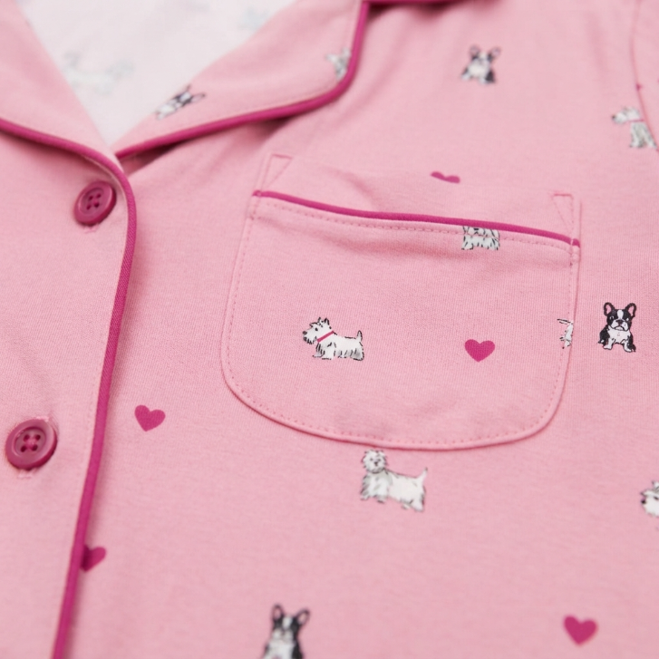 [WHOLESALE ONLY - CONTACT TO ORDER] Women's Pink Puppy & Heart Print Pajama Top Short Sleeve Button-Down Notch Collar Sleep Shirt - Do Not Buy Direct