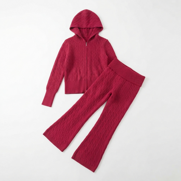 [WHOLESALE ONLY - CONTACT TO ORDER] Women's Cable-Knit Zip-Up Hooded Sweater and High-Waist Flare Pants 2-Piece Lounge Set Red - Do Not Buy Direct
