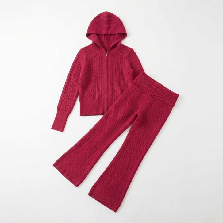 [WHOLESALE ONLY - CONTACT TO ORDER] Women's Cable-Knit Zip-Up Hooded Sweater and High-Waist Flare Pants 2-Piece Lounge Set Red - Do Not Buy Direct