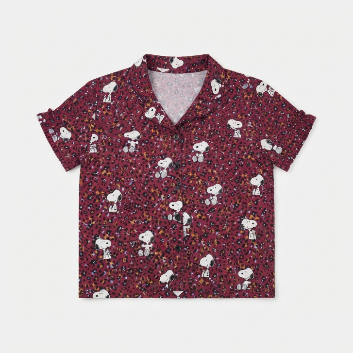 [WHOLESALE ONLY - CONTACT TO ORDER] Women's Snoopy Ditsy Leopard Print Pajama Set 2-Piece Short Sleeve Button-Down Top and Ruffle Shorts Burgundy - Do Not Buy Direct