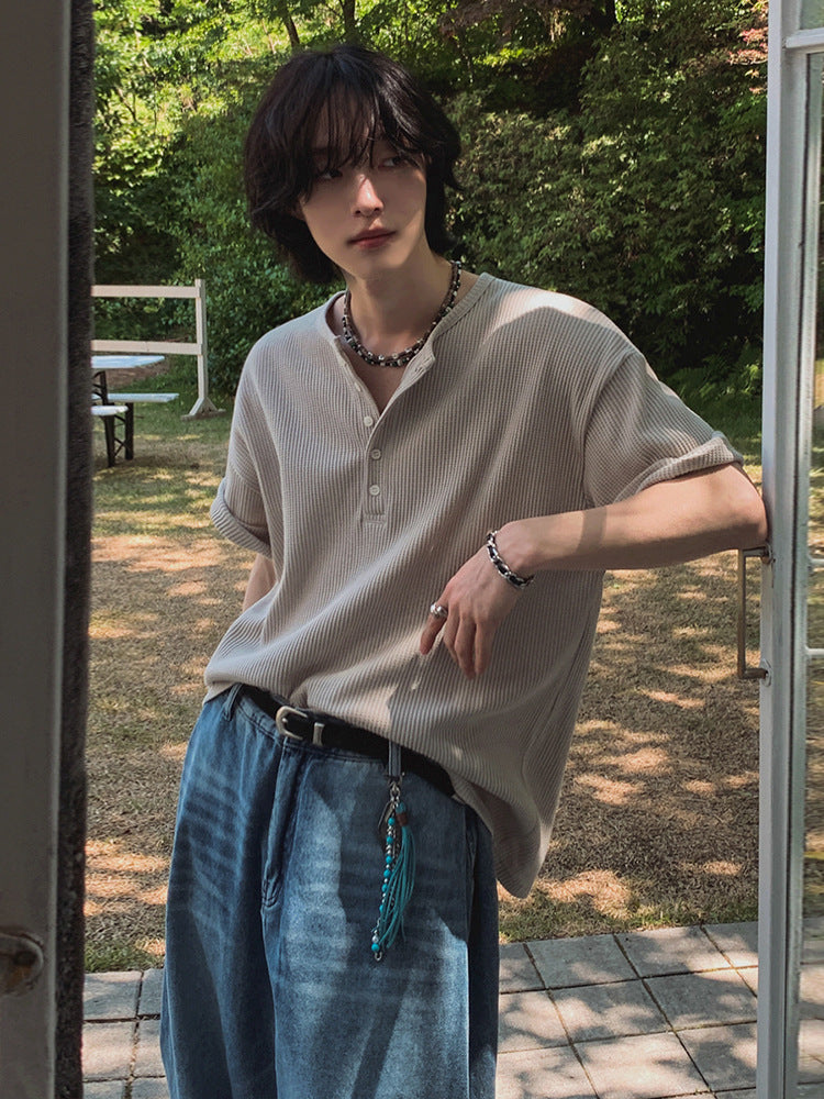 Men’s Henley T-Shirt, Loose Fit Short Sleeve Tee, Summer Casual Top, Korean Style Minimalist Everyday Wear[NA-018]
