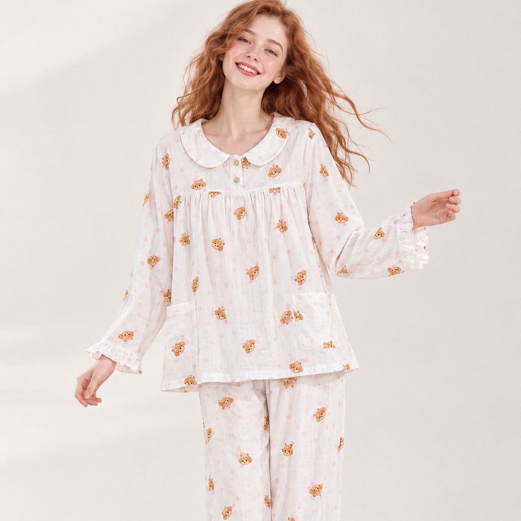 [WHOLESALE ONLY - CONTACT TO ORDER] Women's 100% Cotton Double Gauze Peter Pan Collar Long Sleeve Pajama Set (Puppy Print) [AW-388]