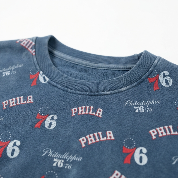 [WHOLESALE ONLY - CONTACT TO ORDER] NBA Philadelphia 76ers Vintage Mineral Washed All-Over Print Crewneck Sweatshirt Long Sleeve Pullover - Do Not Buy Direct