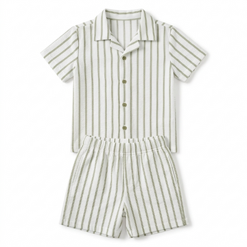 [WHOLESALE ONLY - CONTACT TO ORDER] Toddler Boys Striped Waffle Gauze Shirt & Shorts 2-Piece Summer Set (Sage Green) - Catalog Display Only (Do Not Order Directly)