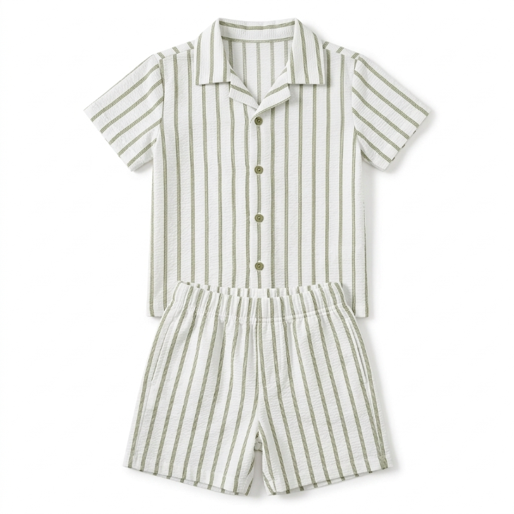 [WHOLESALE ONLY - CONTACT TO ORDER] Toddler Boys Striped Waffle Gauze Shirt & Shorts 2-Piece Summer Set (Sage Green) - Catalog Display Only (Do Not Order Directly)