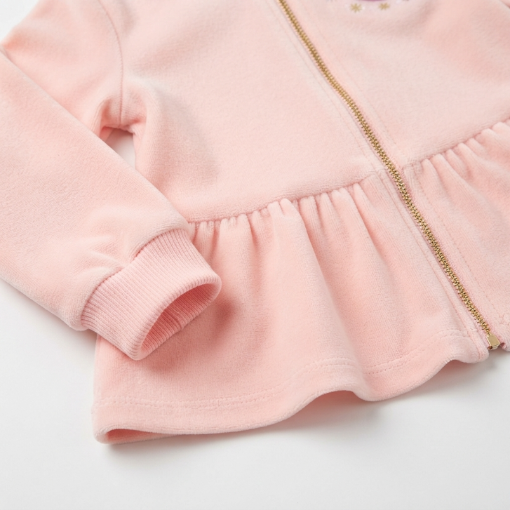 [WHOLESALE ONLY - CONTACT TO ORDER] Toddler Girls Pink Velour Peplum Zip Hoodie and Sweatpants 2-Piece Set - Cozy Cotton Fleece Cartoon Character Loungewear (Do Not Order Directly)
