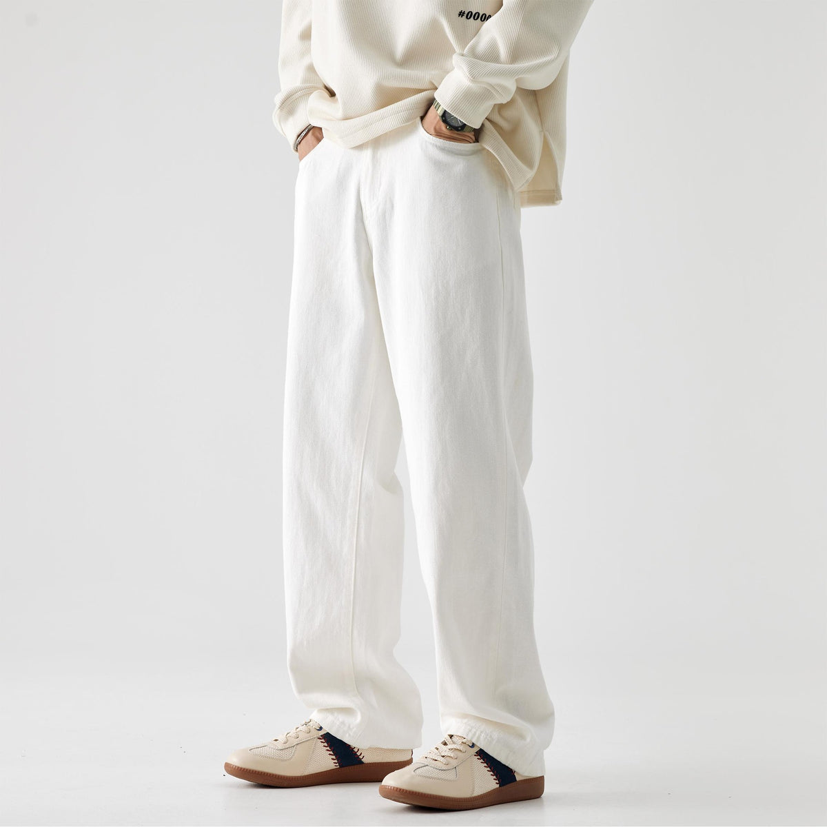 [WHOLESALE ONLY - CONTACT TO ORDER] Men's Korean Clean Fit Heavyweight 100% Cotton Relaxed Straight Wide-Leg Jeans (Off-White / Natural Ivory) [AW-327]