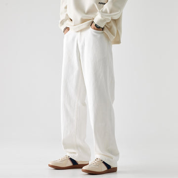 [WHOLESALE ONLY - CONTACT TO ORDER] Men's Korean Clean Fit Heavyweight 100% Cotton Relaxed Straight Wide-Leg Jeans (Off-White / Natural Ivory) [AW-327]