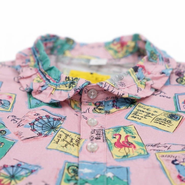 [WHOLESALE ONLY - CONTACT TO ORDER] Women's Travel Postcard Print Ruffle Pajama Set 2-Piece Short Sleeve Button-Down Top and Pants - Do Not Buy Direct