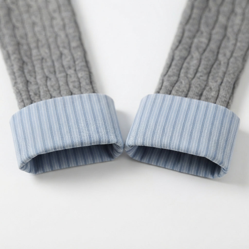 [WHOLESALE ONLY - CONTACT TO ORDER] Women's Preppy 2-in-1 Cable-Knit Cardigan with Striped Shirt Collar & Turn-Back Cuffs with Gold Dome Buttons (Heather Grey & Blue Stripe) [AW-207]