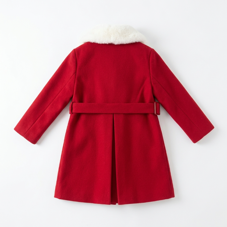 [WHOLESALE ONLY - CONTACT TO ORDER] Toddler & Girls Christmas 2-Piece Vintage Floral Smocked Dress & Faux Fur Collar Woolen Coat Set (Red) - Holiday Catalog Display Only (Do Not Order Directly)