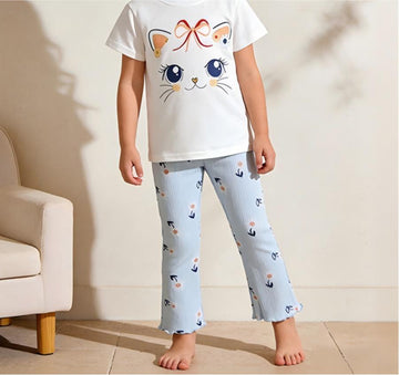 [WHOLESALE ONLY - CONTACT TO ORDER] Toddler & Girls Combed Cotton Cat Face T-Shirt & Daisy Ribbed Flare Pants 2-Piece Set (White/Light Blue) [KW-249]