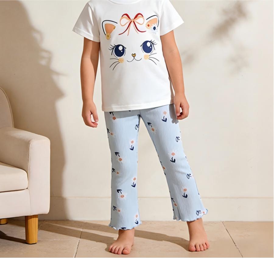 [WHOLESALE ONLY - CONTACT TO ORDER] Toddler & Girls Combed Cotton Cat Face T-Shirt & Daisy Ribbed Flare Pants 2-Piece Set (White/Light Blue) [KW-249]