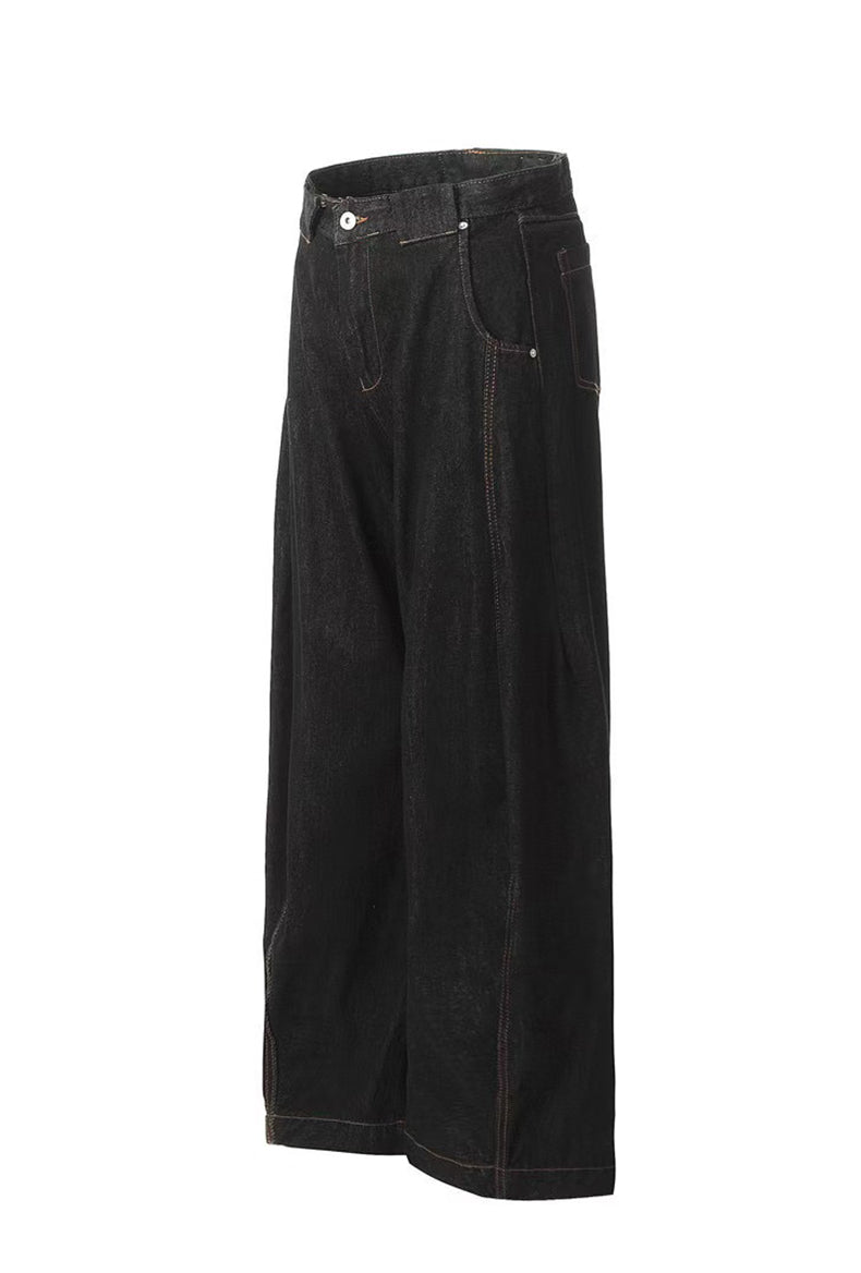 Unisex Vintage Black Denim Scimitar-Cut Wide-Leg Pants [DROP2-008]