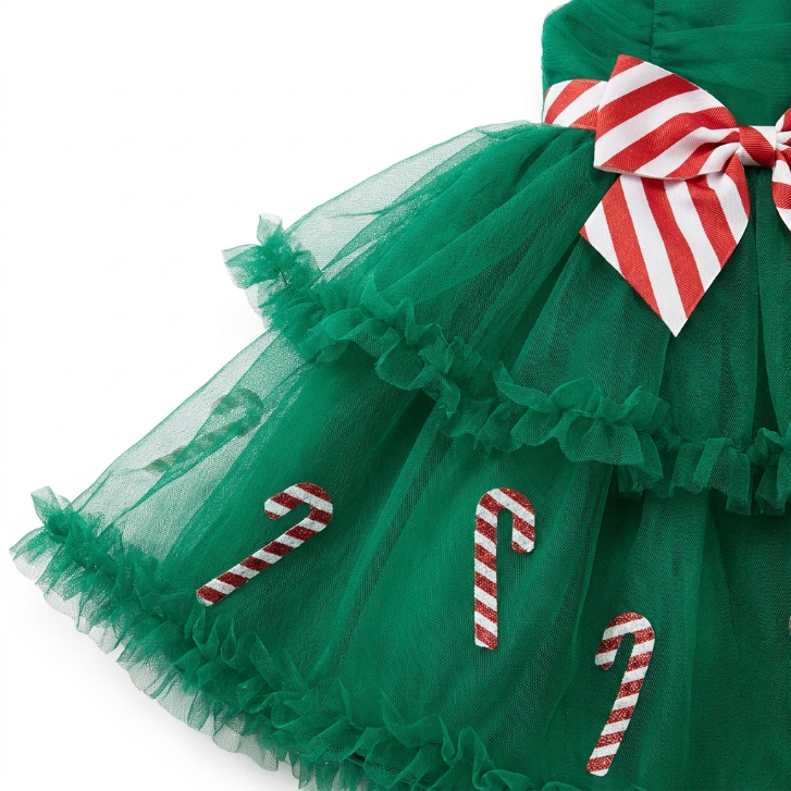[WHOLESALE ONLY - CONTACT TO ORDER] Toddler Girls Festive Christmas Candy Cane Tiered Tulle Tutu Dress (Green) - Holiday Catalog Display Only (Do Not Order Directly)