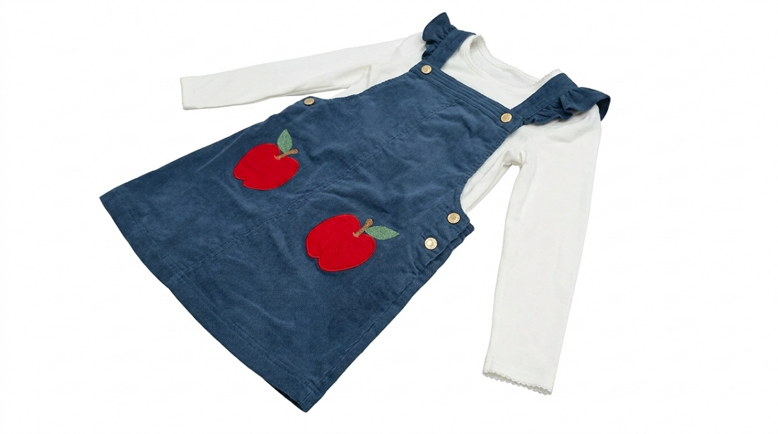 [WHOLESALE ONLY - CONTACT TO ORDER] Toddler Girls 2-Piece Fall Corduroy Pinafore Overall Dress & Long Sleeve Tee Set with Apple Appliques (Navy) - Catalog Display Only (Do Not Order Directly)
