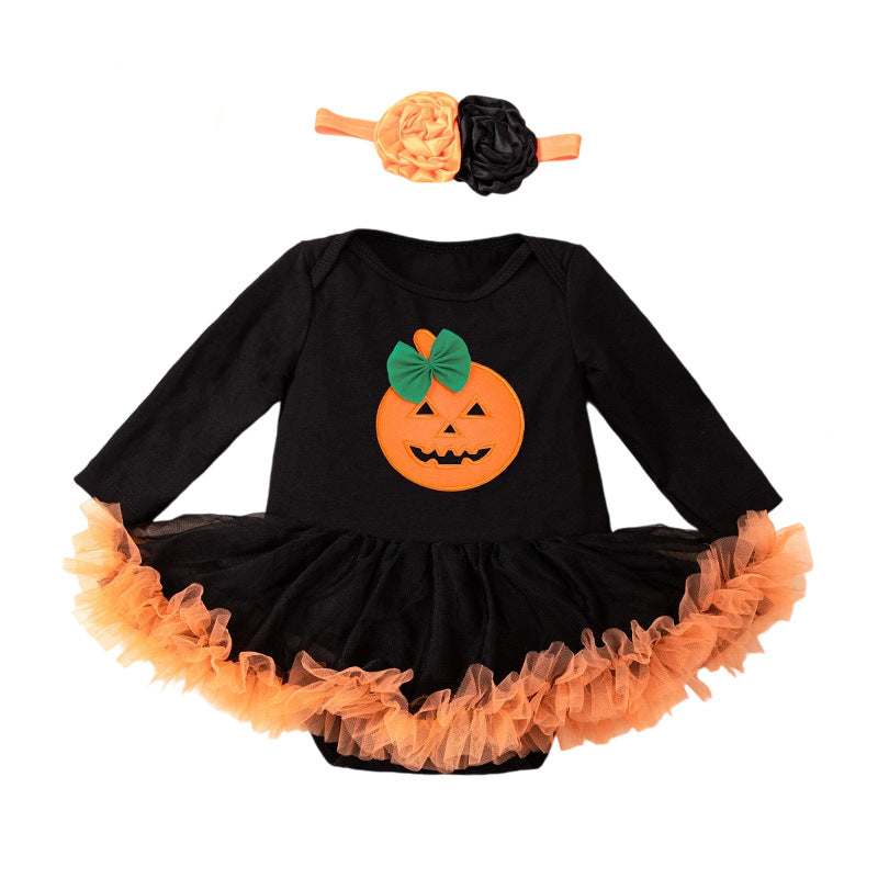 [WHOLESALE ONLY - CONTACT TO ORDER] Baby Girls Premium 95% Cotton Long Sleeve Halloween Pumpkin Tutu Romper Dress 2-Piece Set (Black / Orange) [KW-213]