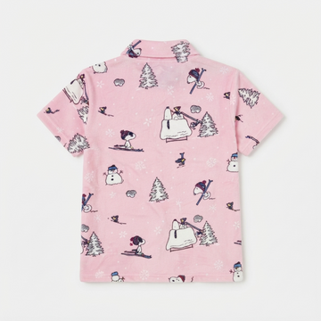 [WHOLESALE ONLY - CONTACT TO ORDER] Women's Snoopy Winter Ski Plush Fleece Short Pajama Set 2-Piece Button-Down Top and Shorts Pink - Do Not Buy Direct