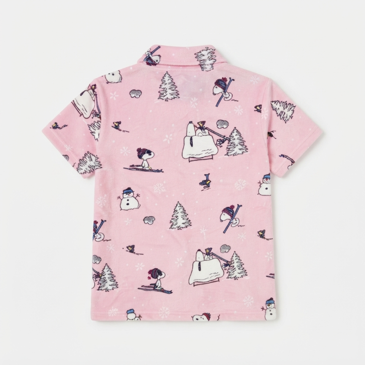 [WHOLESALE ONLY - CONTACT TO ORDER] Women's Snoopy Winter Ski Plush Fleece Short Pajama Set 2-Piece Button-Down Top and Shorts Pink - Do Not Buy Direct