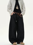 Unisex Vintage Black Denim Scimitar-Cut Wide-Leg Pants [DROP2-008]