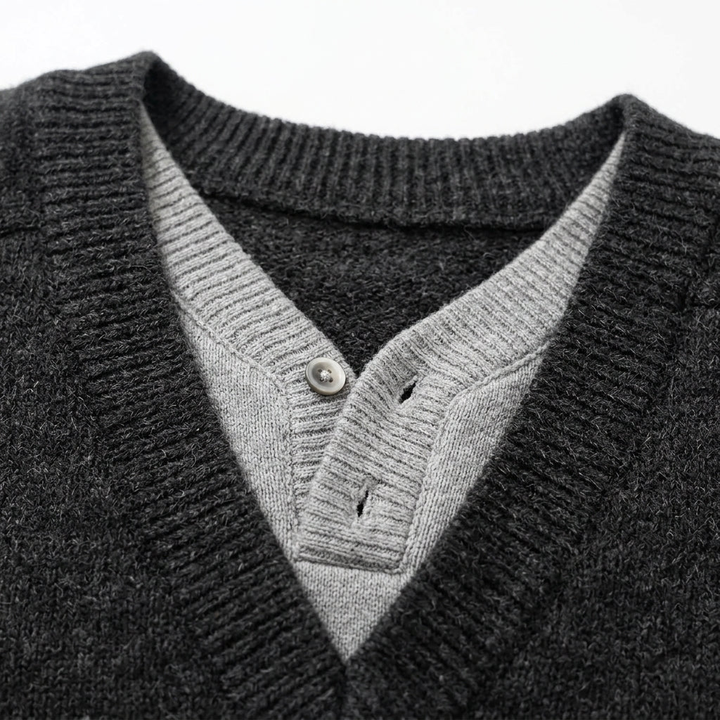 [WHOLESALE ONLY - CONTACT TO ORDER] Women's / Unisex Preppy 2-in-1 Layered Deep V-Neck Knit Pullover Sweater with Ribbed Henley Insert (Heather Charcoal Grey & Heather Light Grey) [AW-223]