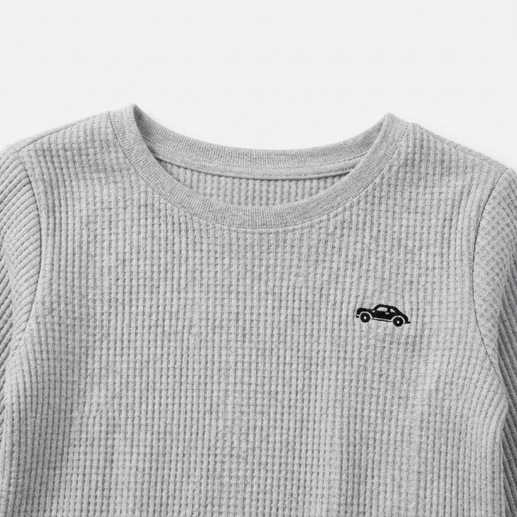 [WHOLESALE ONLY - CONTACT TO ORDER] Toddler Boys Heather Grey Waffle Knit Long-Sleeve Thermal T-Shirt - Car Embroidered Cotton Base Layer (Do Not Order Directly)