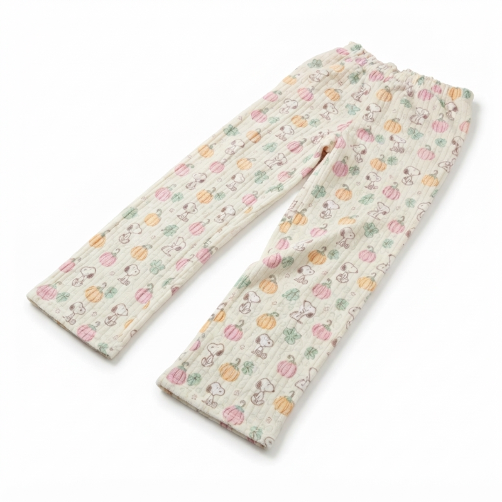 [WHOLESALE ONLY - CONTACT TO ORDER] Women's Snoopy Fall Pumpkin Print Ribbed Knit Pajama Pants Elastic Waist Wide-Leg Lounge Trousers - Do Not Buy Direct