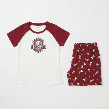 [WHOLESALE ONLY - CONTACT TO ORDER] Women's Snoopy University Raglan Pajama Set 2-Piece Short Sleeve Graphic Tee and Shorts Burgundy - Do Not Buy Direct