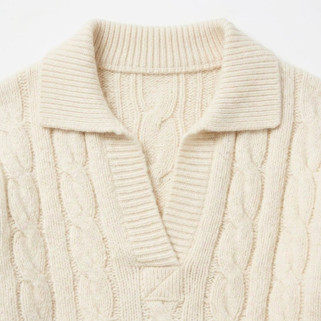 [WHOLESALE ONLY - CONTACT TO ORDER] Women's Preppy Cable-Knit Spread Polo Collar Open V-Neck Pullover Sweater (Warm Cream Ivory) [AW-219]