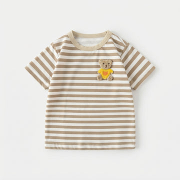 [WHOLESALE ONLY - CONTACT TO ORDER] Toddler Baby Boys/Girls Striped Short Sleeve T-Shirt - 3D Fuzzy Teddy Bear Patchwork Shoulder Snap Summer Top[KW-148]